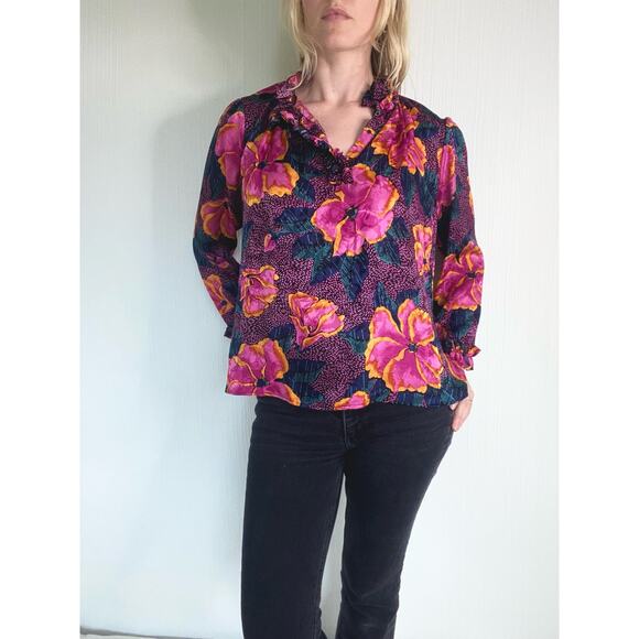 WARM Pink Floral Print Oversized Silk Blouse US Small - Picture 4 of 16